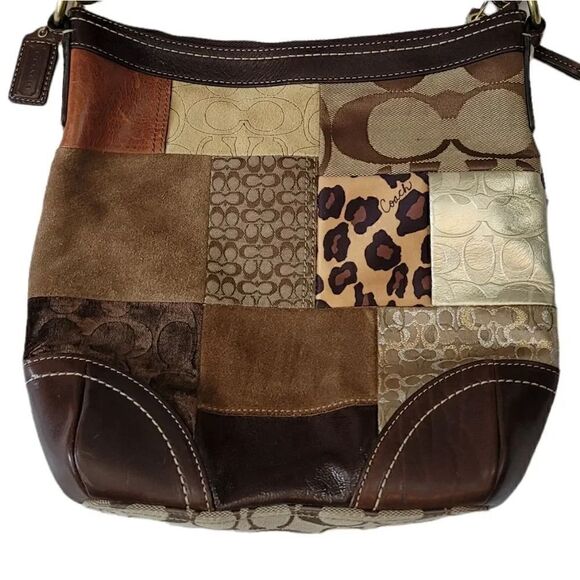 Vintage Coach Animal Print Patchwork Suede, Leather, Canvas & Velvet Hobo Bag - Picture 12 of 14